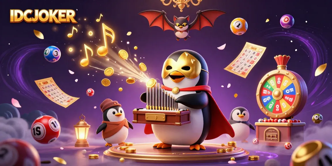 Play and win with IDCJOKER's vibrant lottery scene featuring colorful balls, coins, and winning elements.