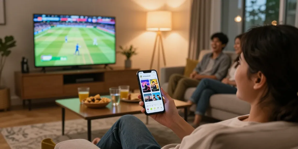 Pikashow APK interface displayed on smartphone while streaming a live cricket match in a cozy living room.