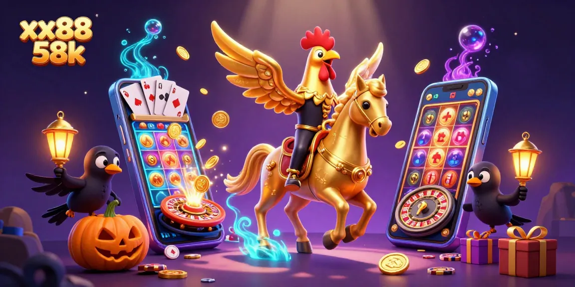 Experience gaming excitement with xx88 58k as a golden rooster gambles in a vibrant midnight casino.