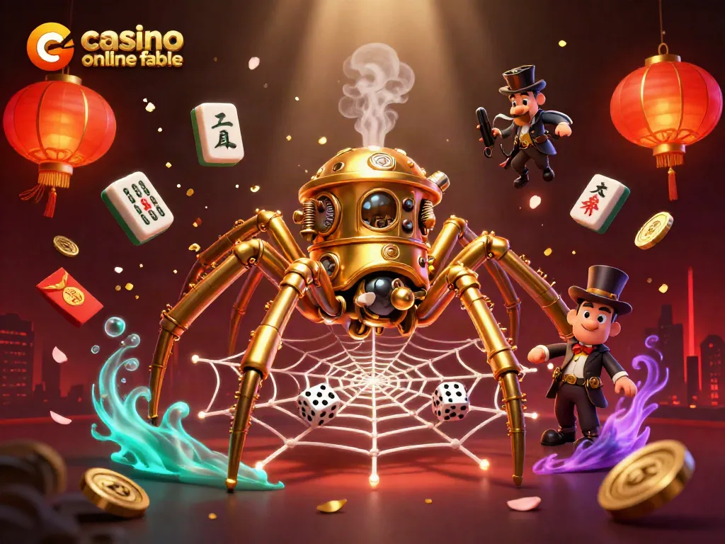 Gana en el casino online fiable con una escena divertida de una araña steampunk y dados.