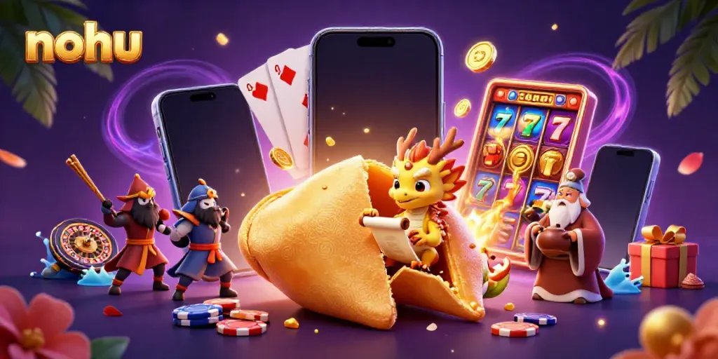 Engage with nohu's dynamic casino world showcasing vibrant gambling elements and magical characters.
