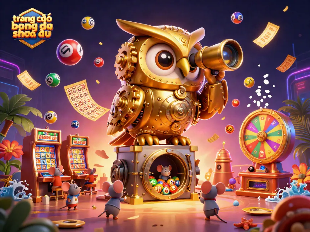 Nền tảng cá độ bóng đá châu Âu với hình ảnh con cú vàng hoạt hình và những quả bóng xổ số rực rỡ.