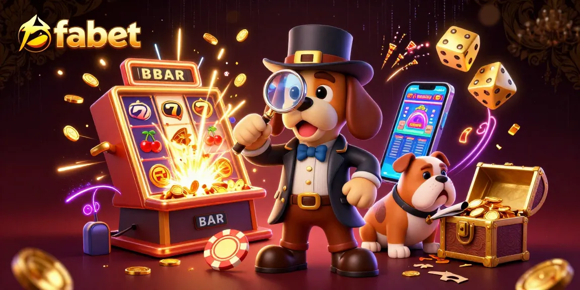 Experience fabet's vibrant casino world with cartoon characters uncovering treasures amidst slot machines.