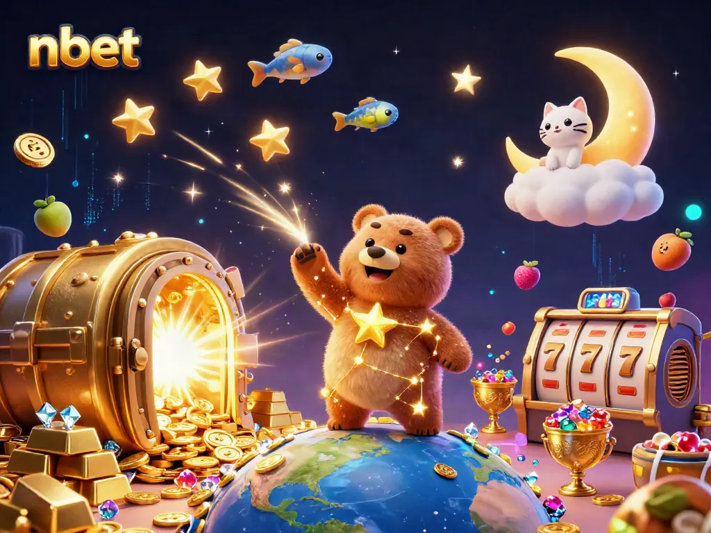Play slots and hit jackpots with nbet, featuring a whimsical scene full of treasures and cosmic characters.