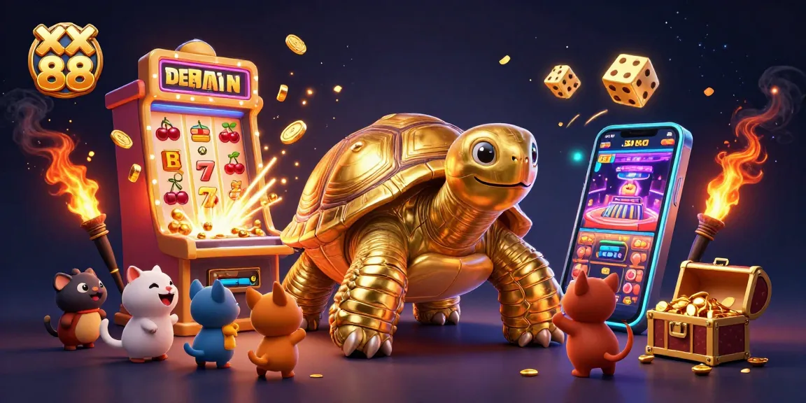 Experience the dynamic excitement of xx 88 as lively creatures interact with a giant golden tortoise pinball machine amidst a vibrant casino scene.