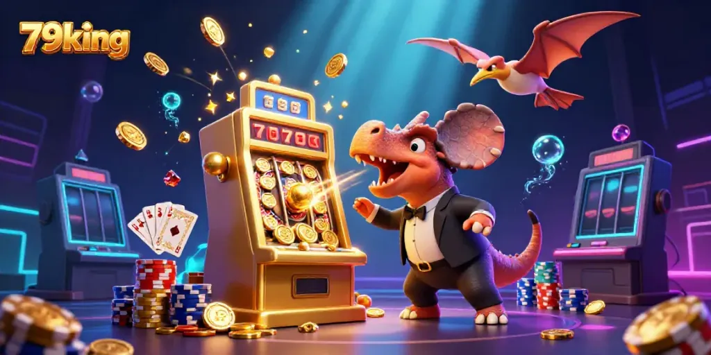 79king features a dynamic scene with dinosaurs at a casino, highlighting the fun of slots and jackpots.