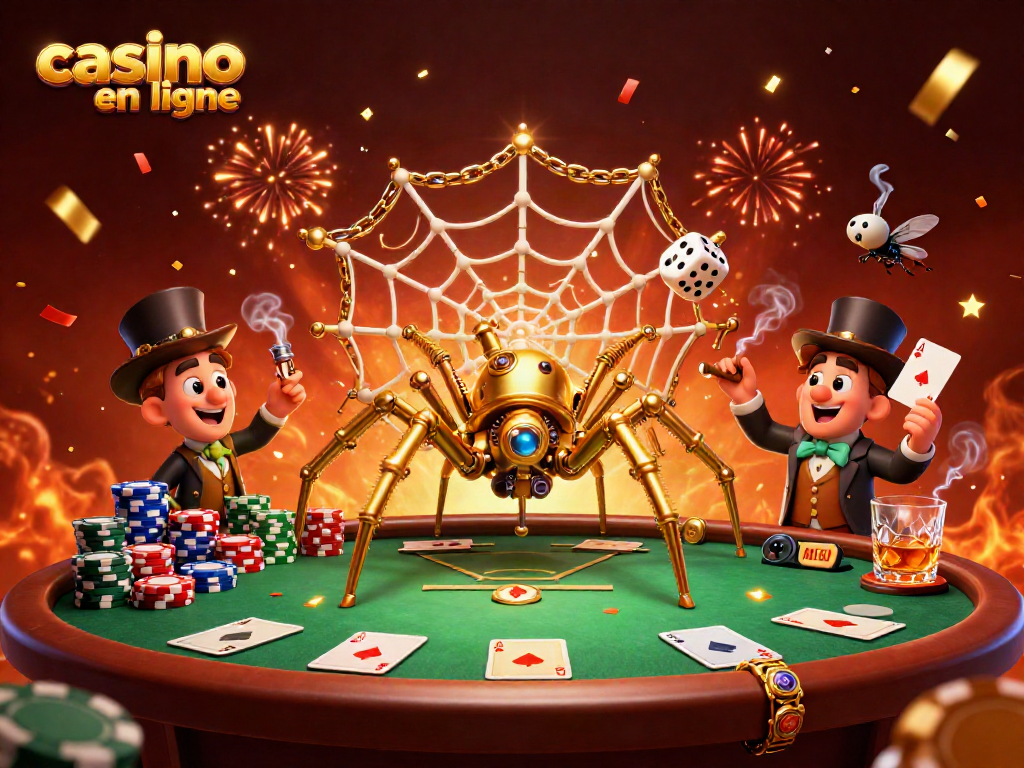 Découvrez une illustration dynamique de casino en ligne avec une araignée steampunk en action.