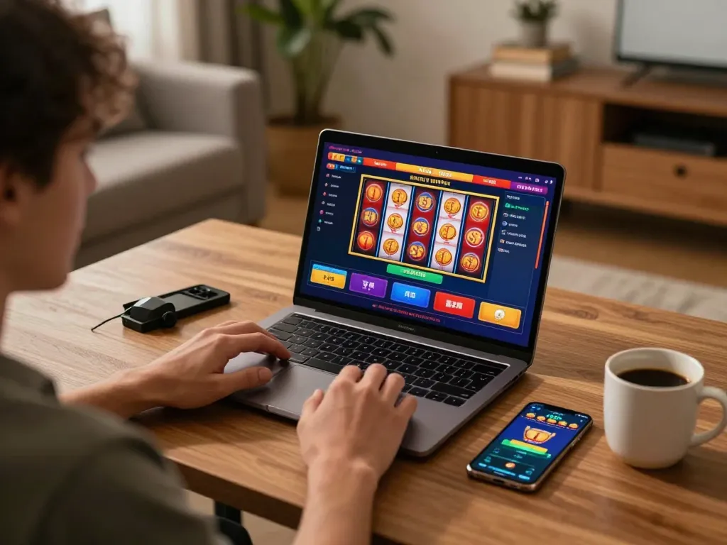 Engaging in nego77 daftar while enjoying a cozy online gaming session at home with laptop and smartphone.
