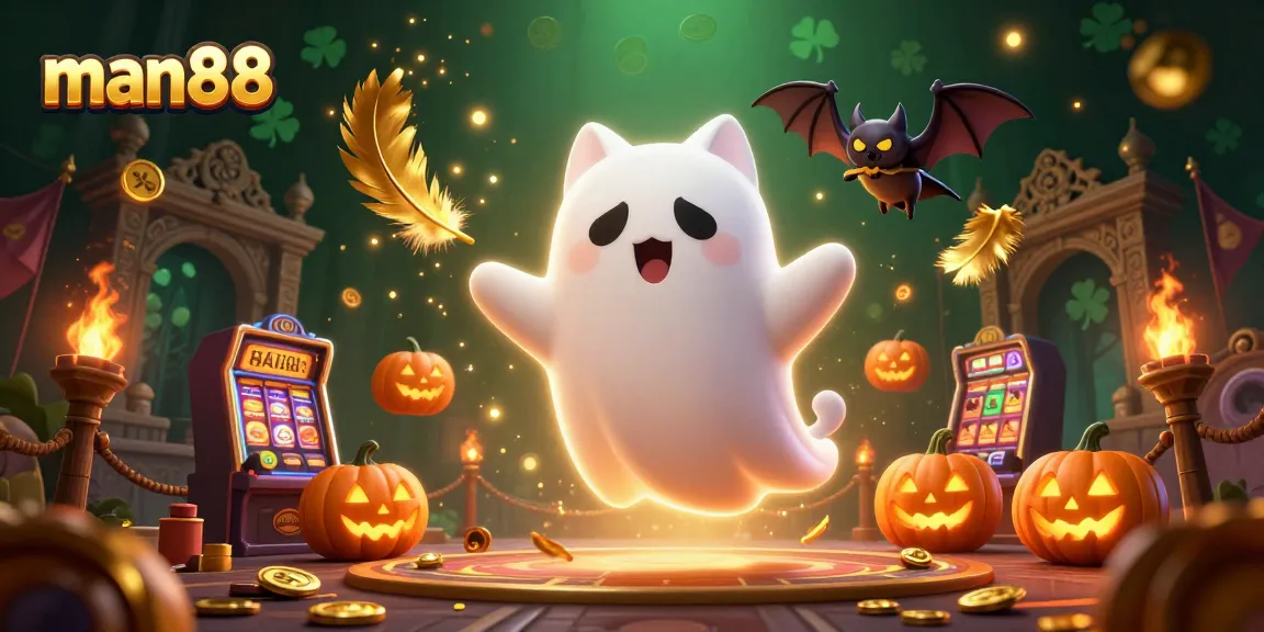 Experience the haunted casino thrills of man88 with a ghost cat and vampire bat in action