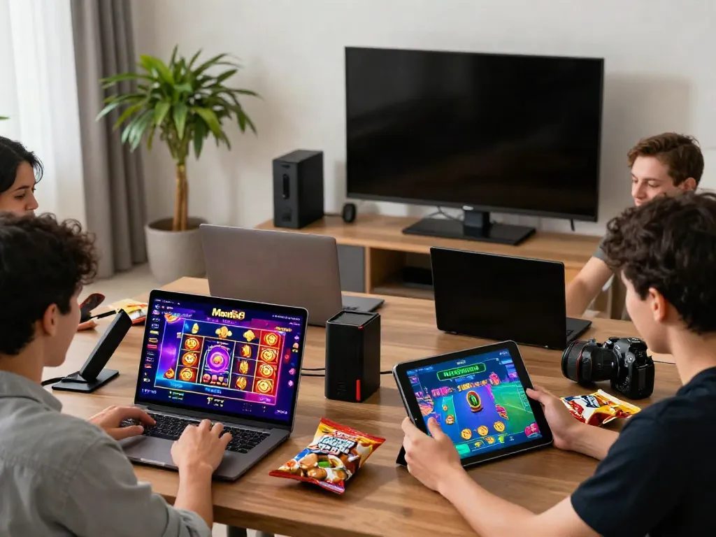 Man88 online gaming experience with players on laptop, tablet, and smartphone in a cozy home environment.