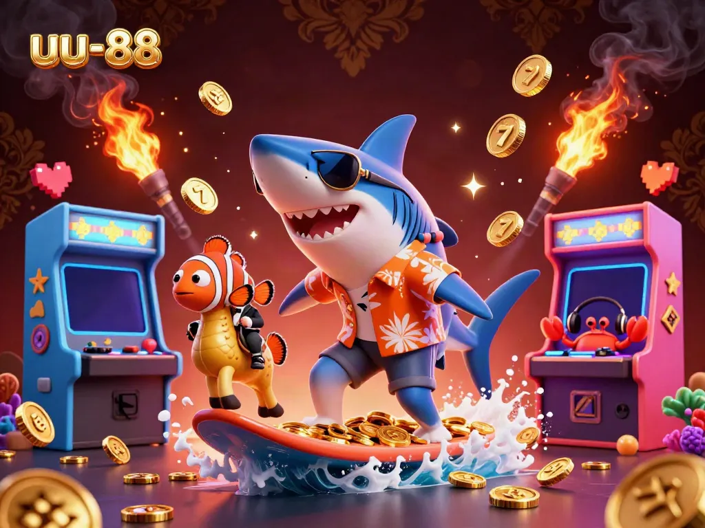 Experience thrilling gameplay with the uu-88 shark surfing on gold coins and vibrant game elements.