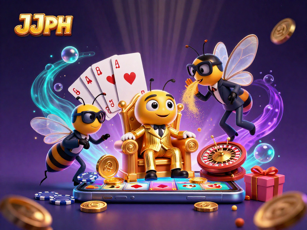 Join JJJPH's buzzing casino world with a cartoon mob boss and vibrant game elements!