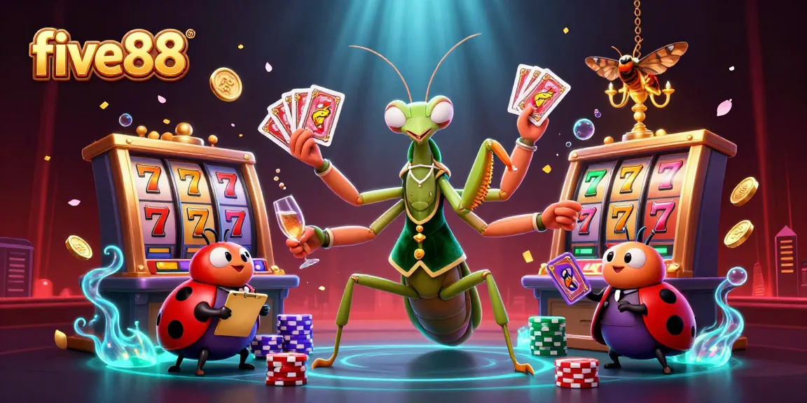 Experience five88 magic with a giant mantis card sharp and ladybug pit boss in a vibrant casino scene.