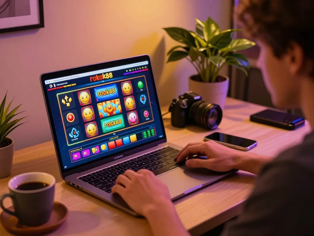 Engaging gameplay on rokok88 slot with vibrant graphics and cozy home setup