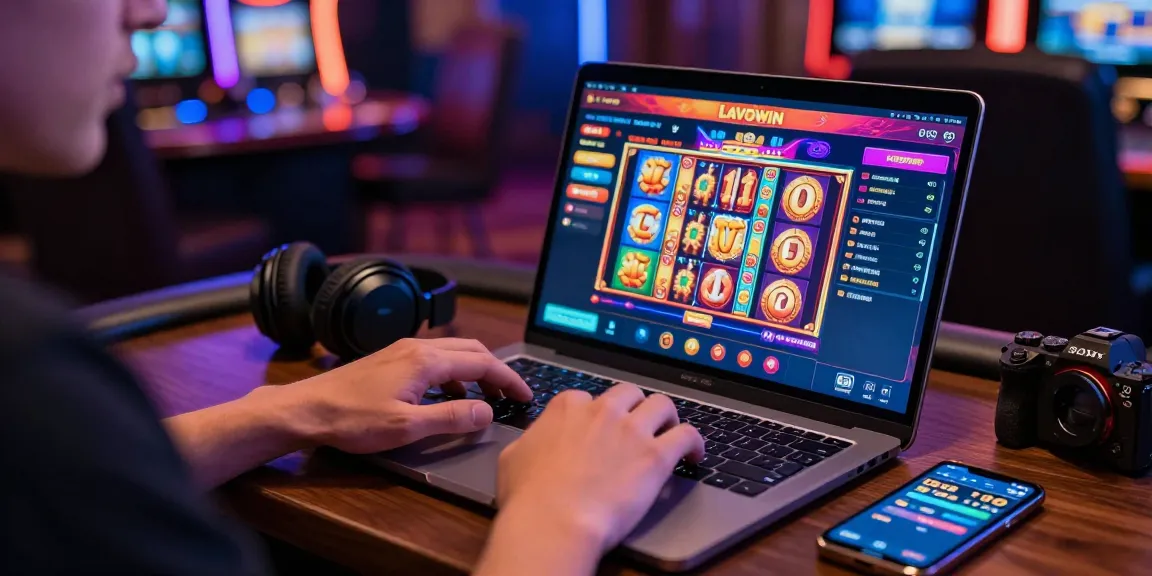 Engaging scene of a player using Lavowin daftar on a laptop with vibrant gaming graphics and casino atmosphere.