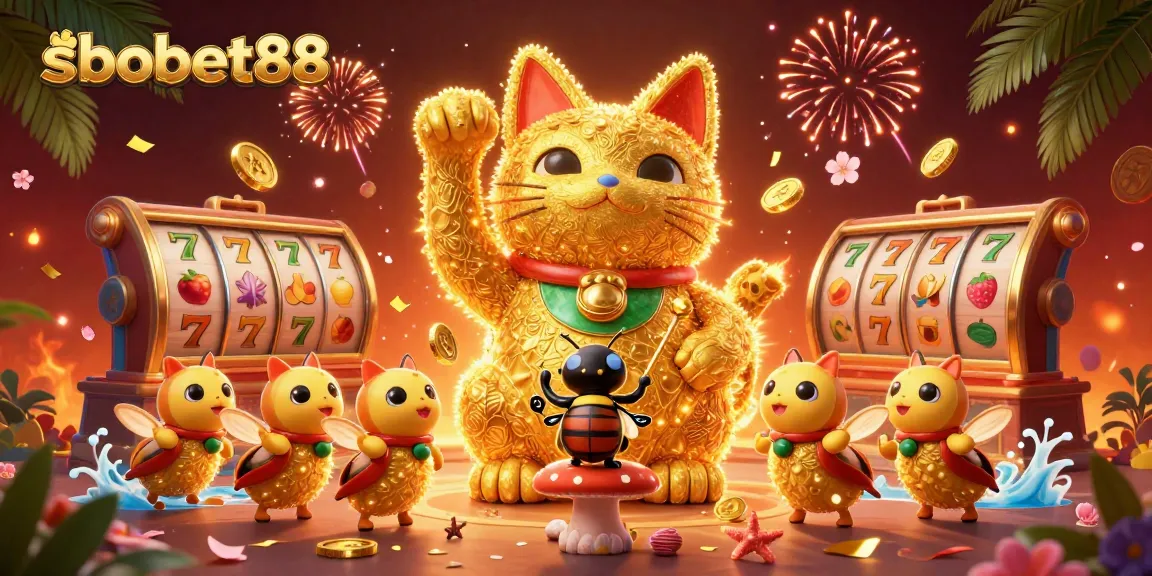 Jadikan sbobet88 sebagai pilihan taruhan dengan gambar cat keberuntungan berkilau dan simbol kasino.