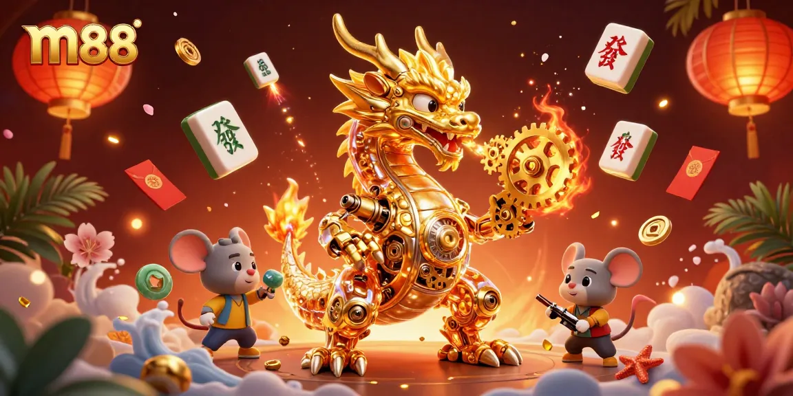 M88 brings thrilling jackpots to life with a golden dragon amidst vibrant gaming elements.