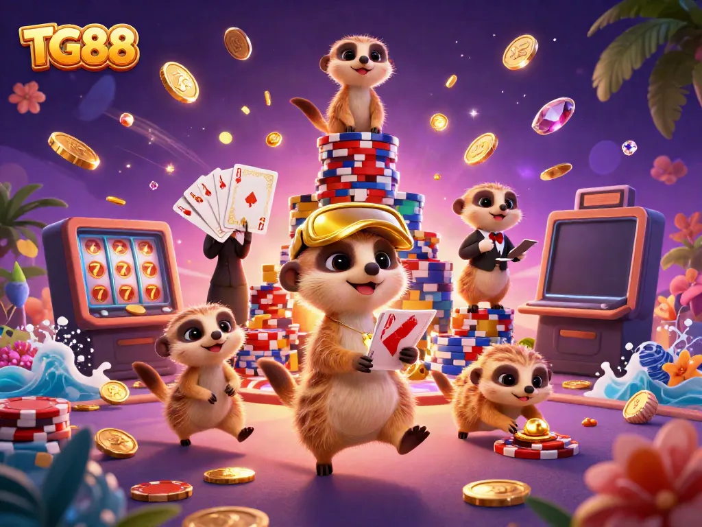 Meerkats manage a vibrant casino operation at TG88 with golden coins and roulette wheels.