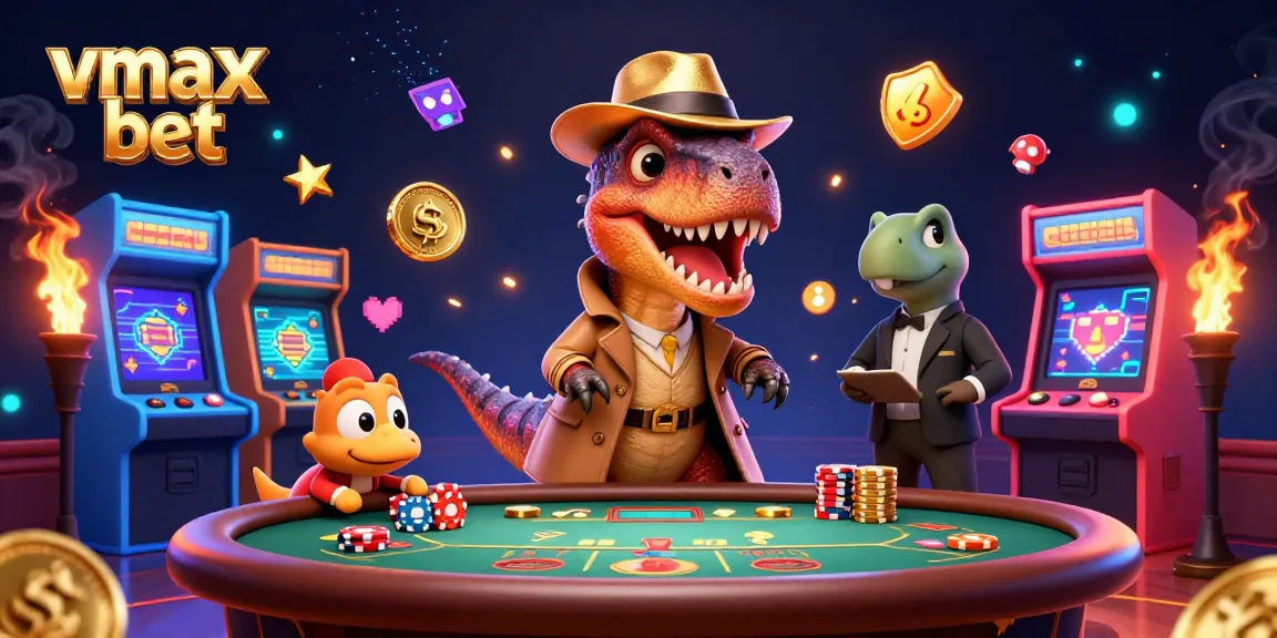 Try your luck with vmax bet in this vibrant, dynamic casino illustration featuring playful characters.