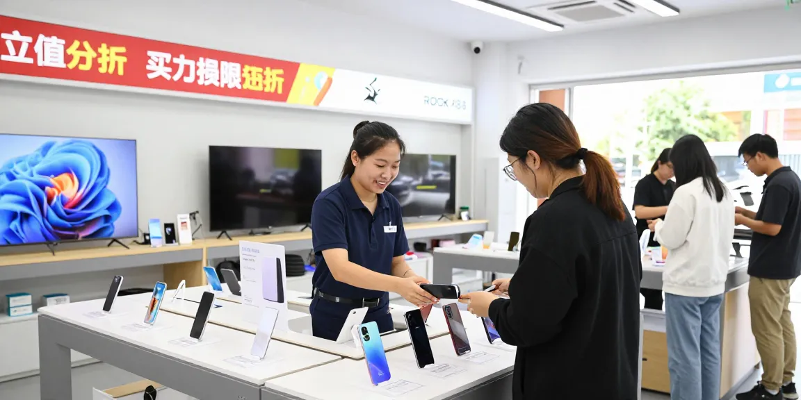 ROKOK88 retail scene showing staff assisting customers in a vibrant electronic store.