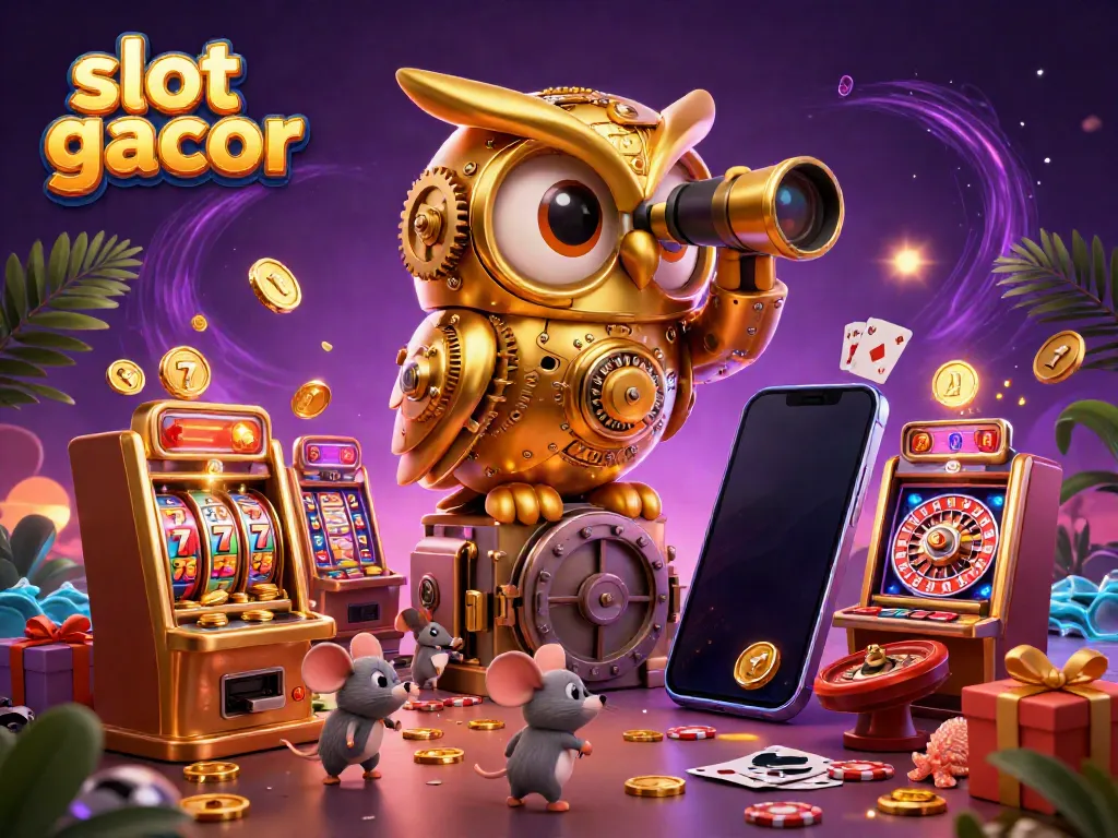 Experience thrilling slot gacor action in a vibrant 3D casino scene filled with golden owls and playful mice.