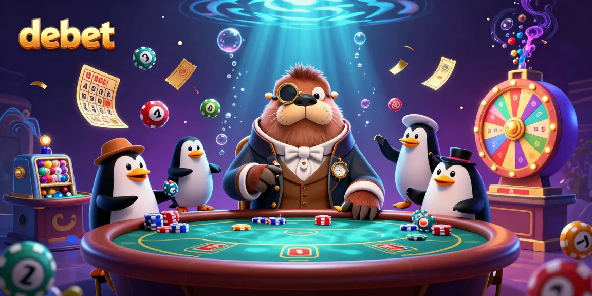Engage in poker action with debet as a jolly walrus plays at an underwater card table.