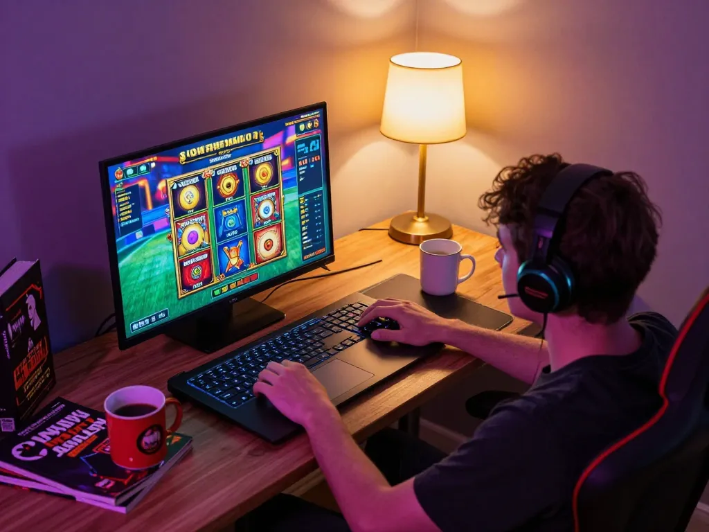 Player enjoying interactive rr88 slot game at home desk while studying strategies
