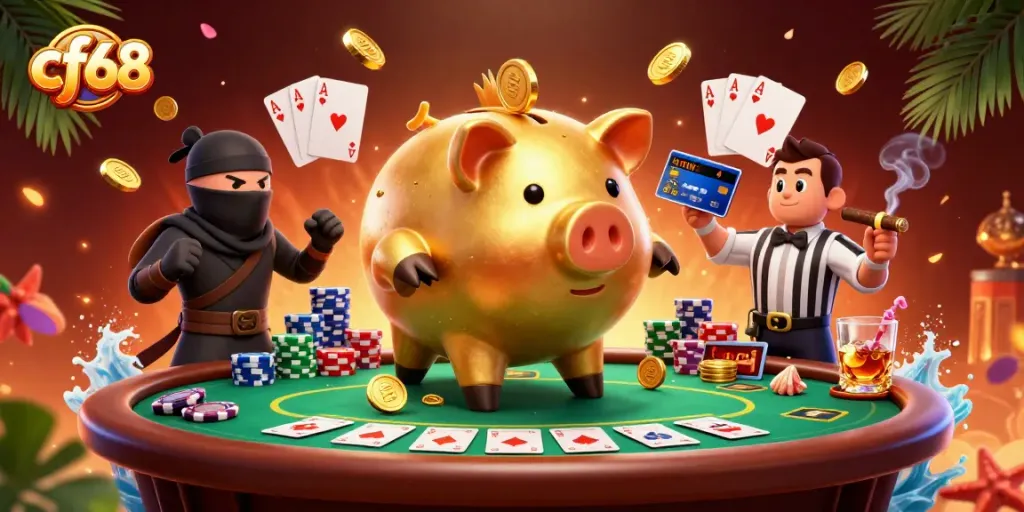 cf68 players engage in exciting poker action with vibrant casino elements in this dynamic illustration.