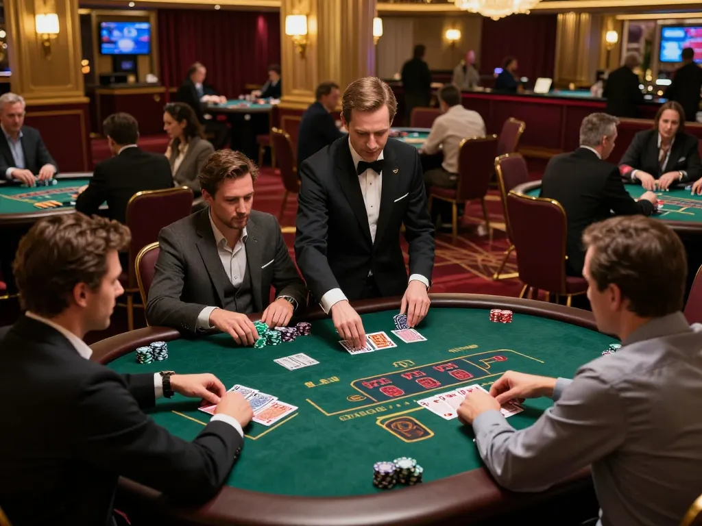 MM88 players engaging in an intense blackjack game in a luxurious casino setting.