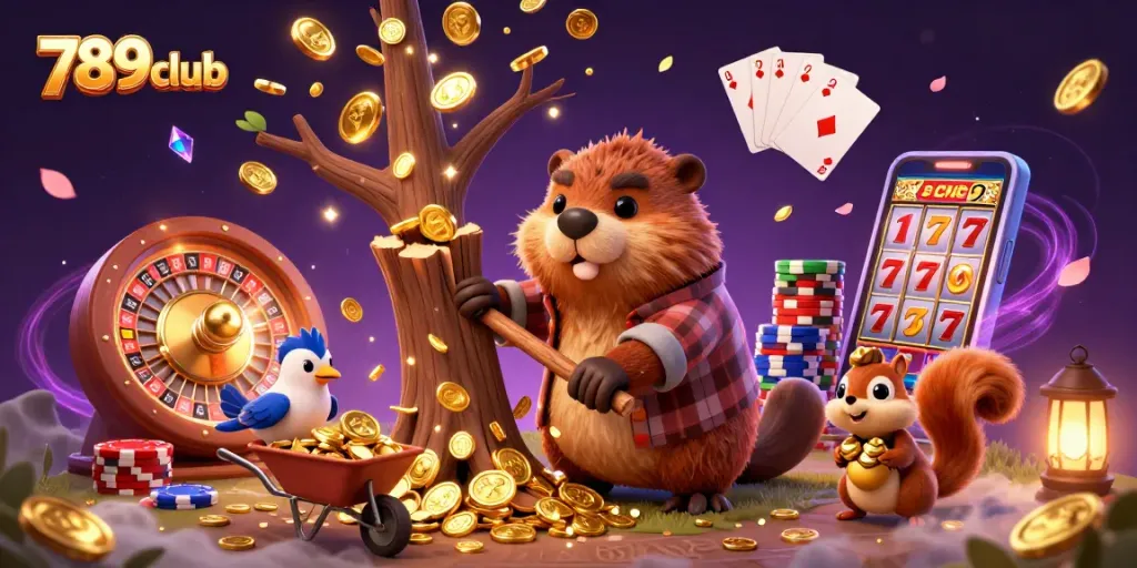 Experience exciting gameplay with 789club's vibrant characters and golden prizes in a captivating casino scene.
