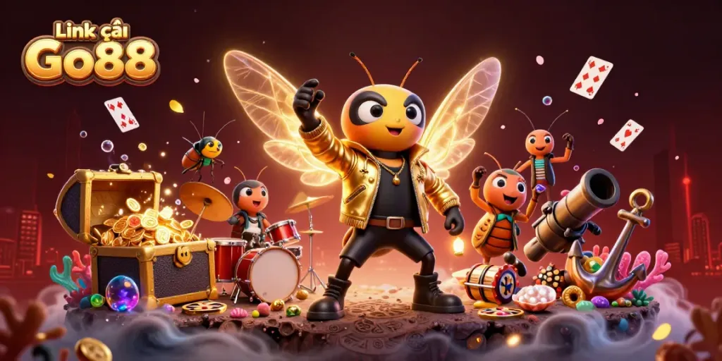 Catch the excitement of gambling with Link vào Go88, featuring a vibrant 3D scene of a rock star cicada amidst casino treasures.