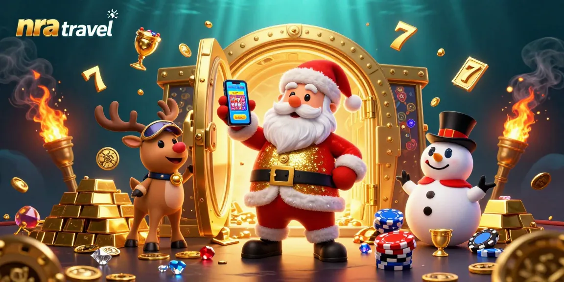Spin and win with nra travel in a vibrant casino scene featuring festive characters.
