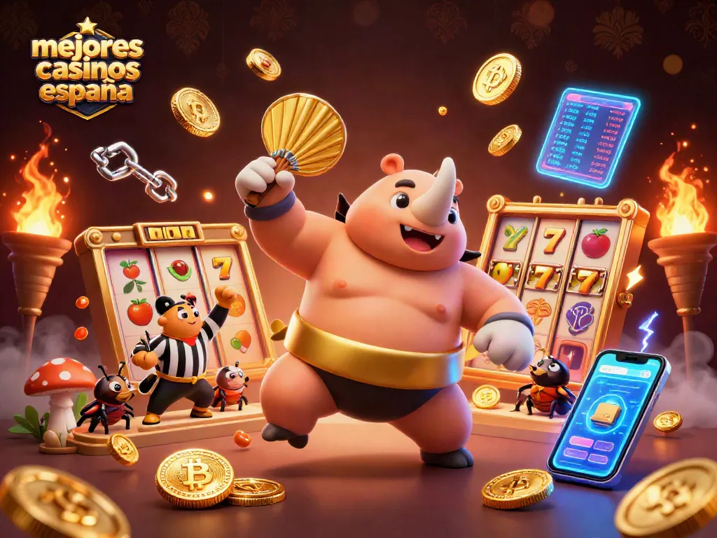 Los mejores casinos España presentan un campeón en un combate de sumo lleno de monedas doradas.