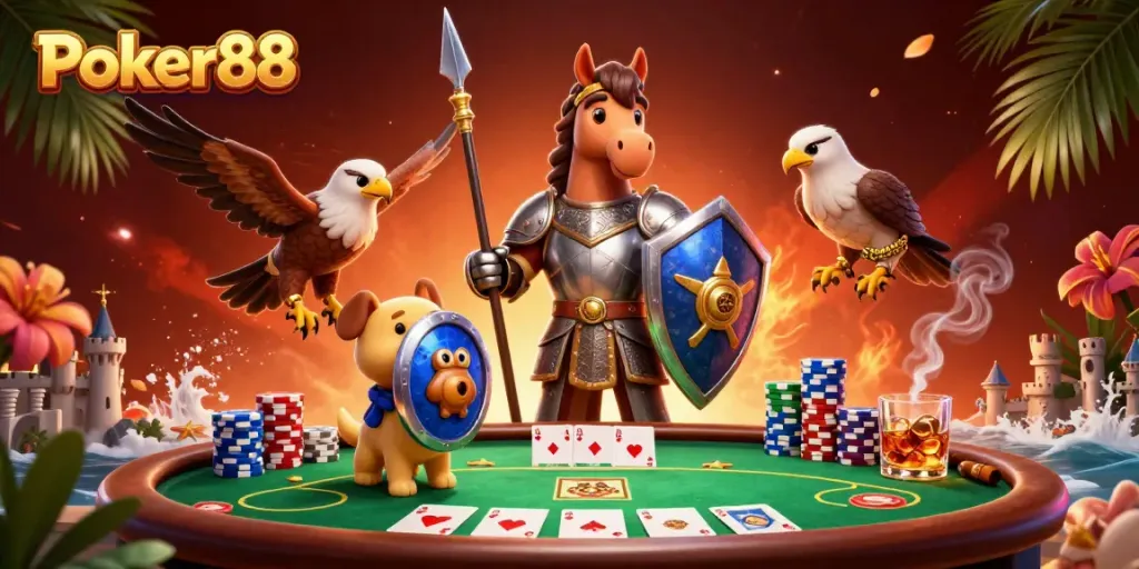 Experience the excitement of Poker88 with a vibrant 3D poker scene featuring colorful chips, cards, and iconic characters.