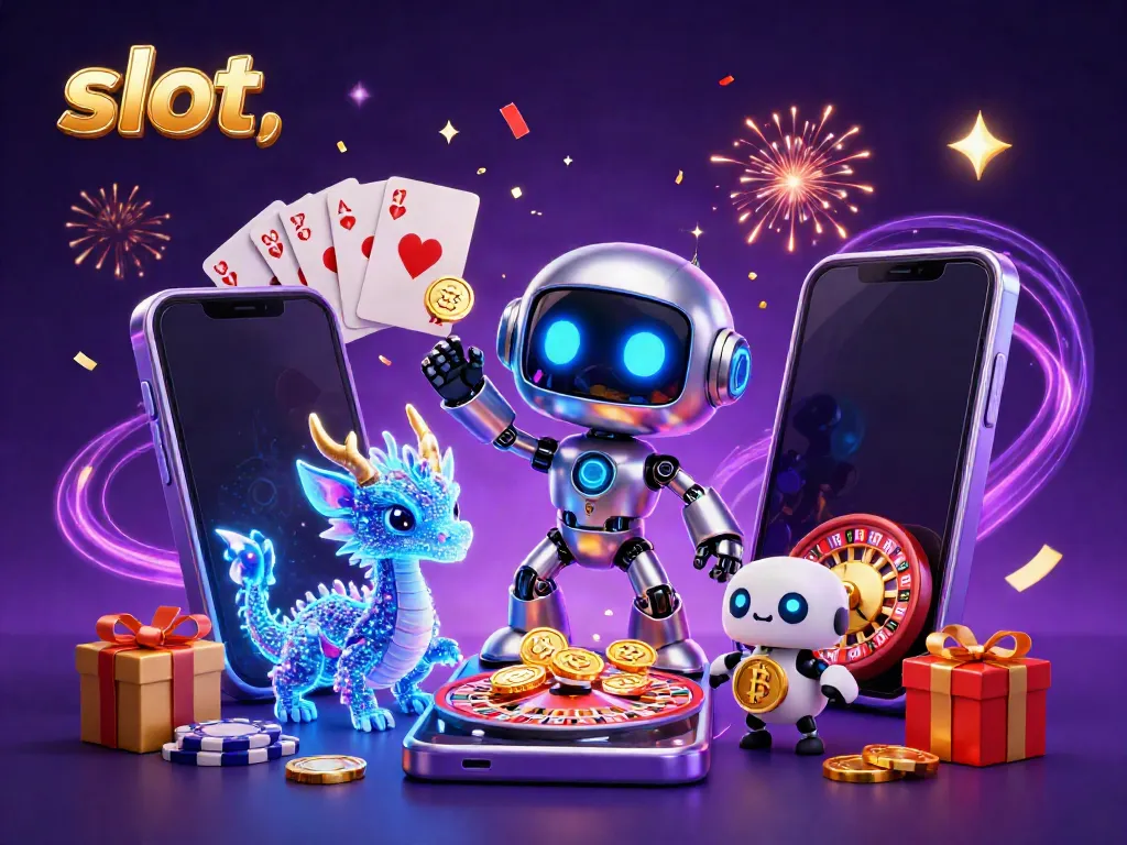 Engaging illustration of slot-themed casino scene with vibrant characters and dynamic game elements.