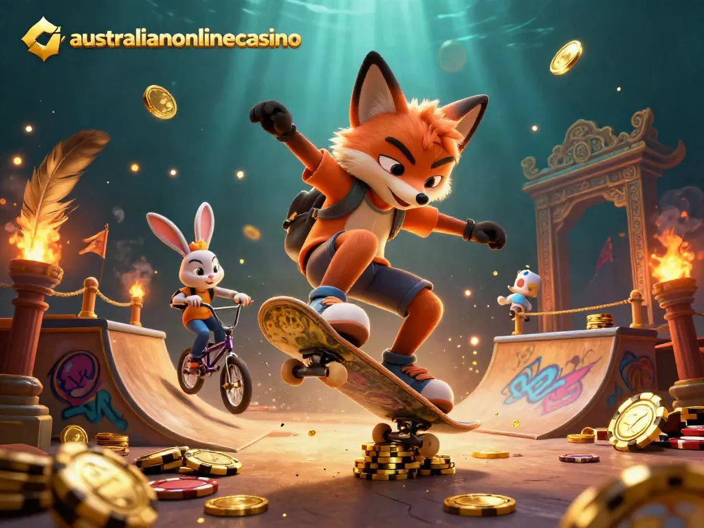 Catch the excitement at australianonlinecasino with a skateboarder fox over poker chips and a BMX rabbit, colorful casino world.