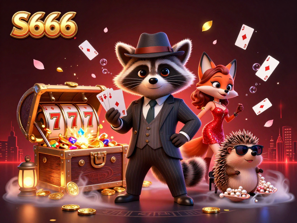 S666 offers thrilling casino gameplay with a royal flush in a vibrant 3D scene featuring raccoon, fox, and hedgehog.