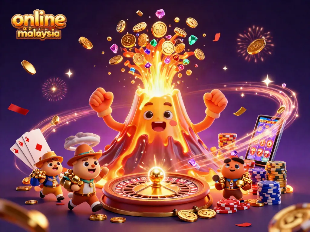 Experience exciting wins at an online casino malaysia with our vibrant 3D illustration of games and treasures.