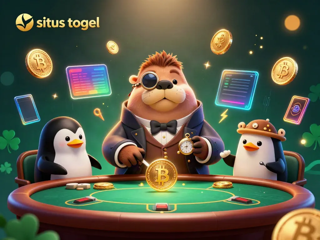 Experience situs togel excitement at an underwater poker table with whimsical characters in a rich, vibrant setting.