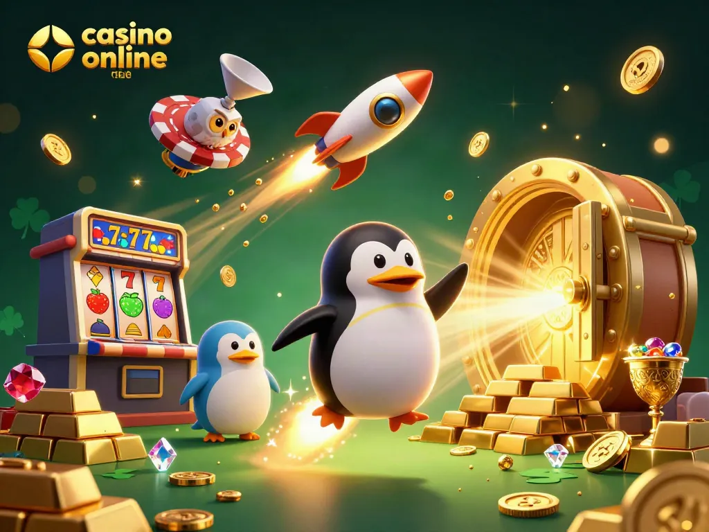 Ganando en el casino online fiable con un pingüino dorado volador y tesoros brillantes.