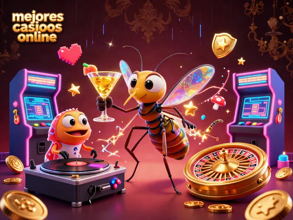 Experimente los mejores casinos online mientras giran ruletas y iluminan máquinas tragamonedas en un entorno vibrante.