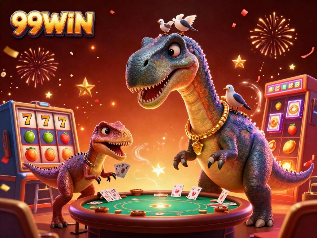 Experience excitement at 99WIN with a towering brontosaurus and dynamic slots casino scene.