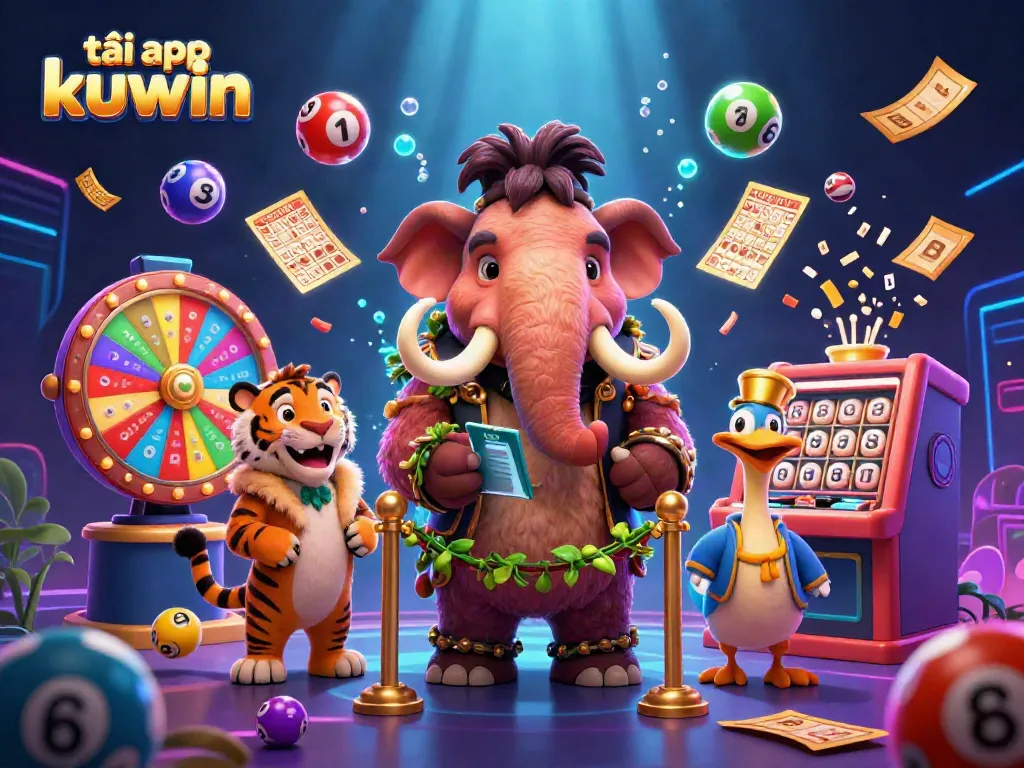 Engage in thrilling gameplay at KUWIN as you tải app kuwin, with vibrant characters amid a dynamic lottery scene.