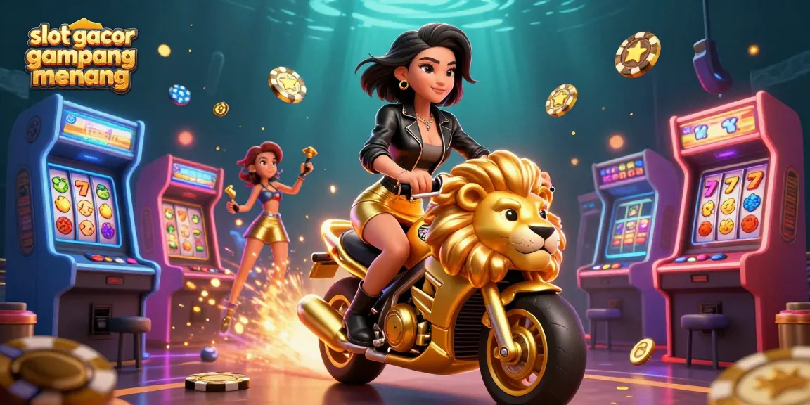 Experience excitement with slot gacor gampang menang as a glamorous Asian woman rides a golden lion in this vibrant casino scene.