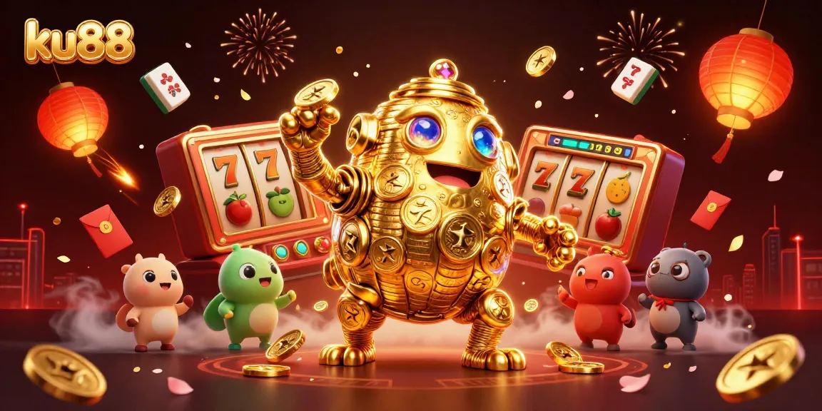 Engage with ku88's vibrant casino experience featuring a golden golem and dynamic slot elements.