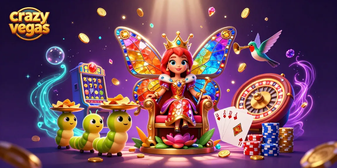 Cascade winnings with crazyvegas featuring a butterfly queen and vibrant casino elements.