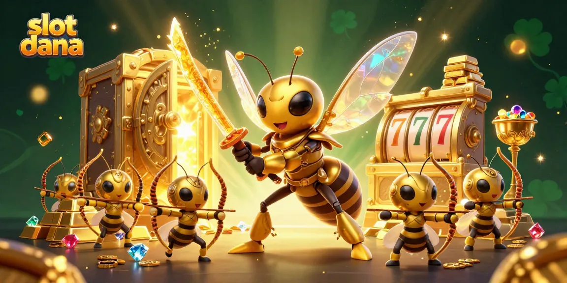 Experience thrilling wins with slot dana, featuring a dynamic scene of hornet warriors, treasure, and gaming elements.