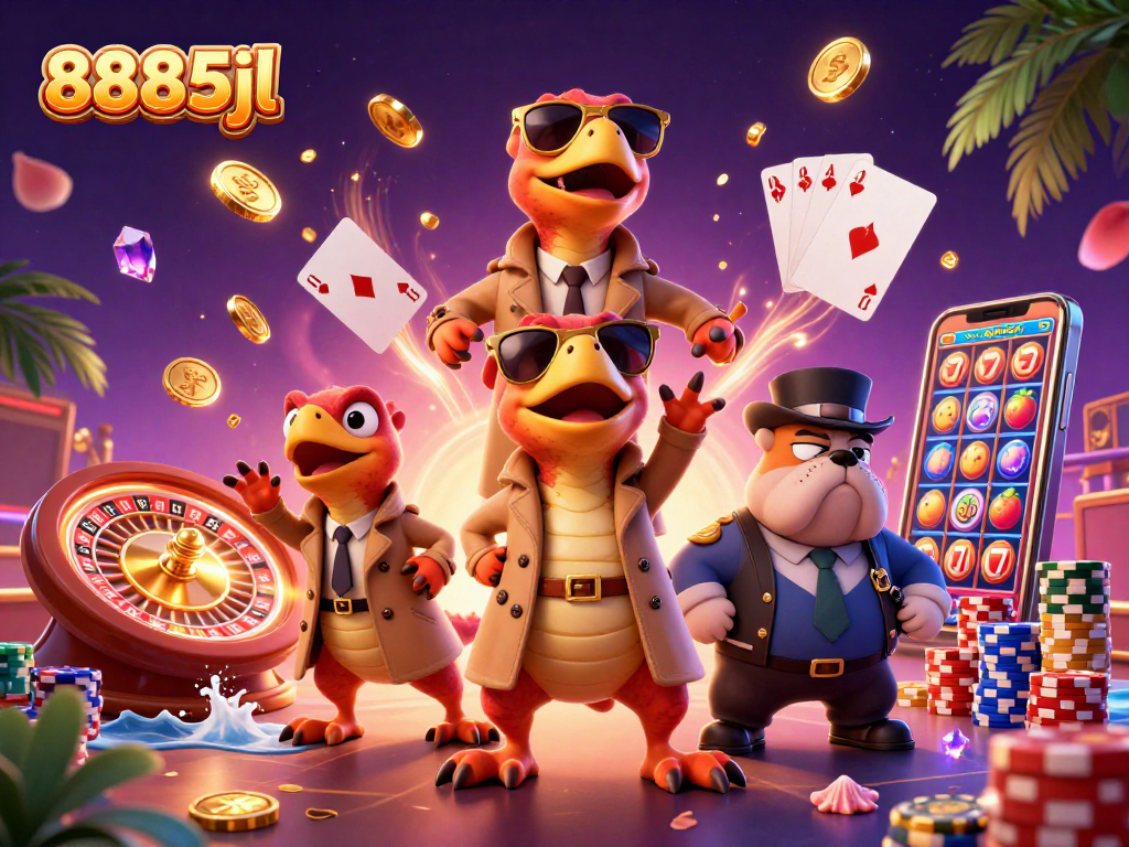 Engaging illustration of 8885jl characters in a casino, showcasing raptors in disguise among game symbols.