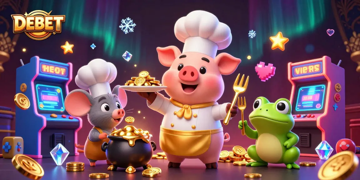 Bet big with DEBET's vibrant casino scene featuring a pig chef and gold coins.