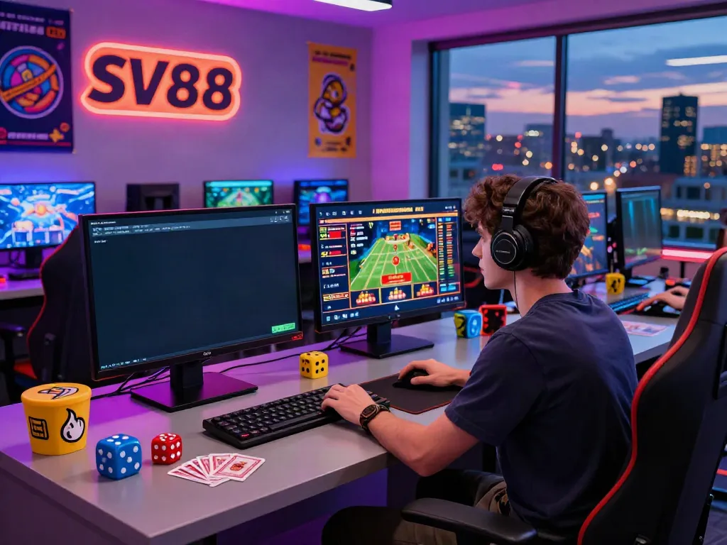 Engaging gaming scene showcasing SV88’s online betting options with colorful accessories and vibrant lighting.